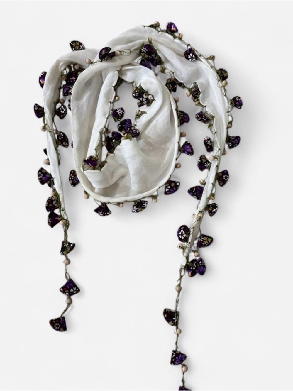 Handmade Delicate White Scarf with Purple Beaded Trim